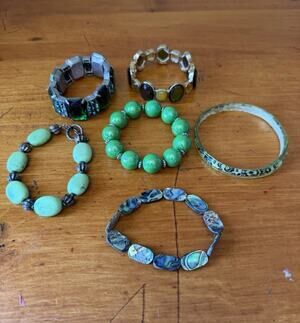 Green Bracelet Bundle Abalone Stretch Bangles Artisan Boho Jewelry Lot